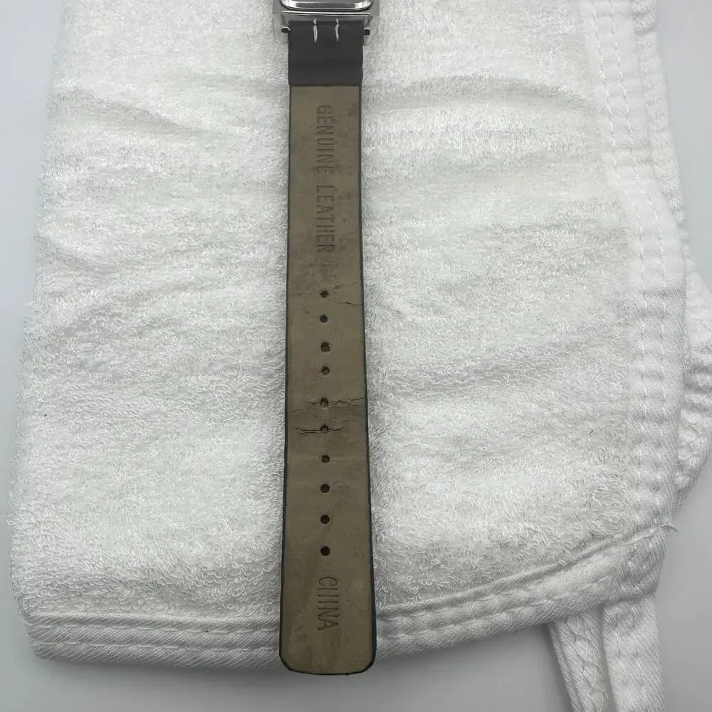 Avenue 9 Quartz Tank Watch Silver Dial Square Case Studded Brown Leather Strap